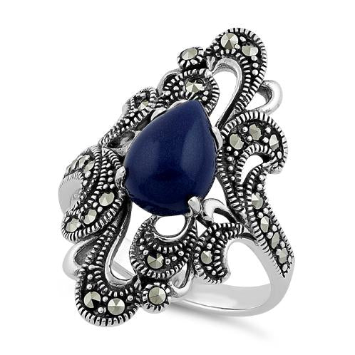 Sterling Silver Pear Shape Blue Lapis Marcasite Ring