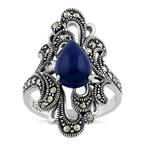 Sterling Silver Pear Shape Blue Lapis Marcasite Ring