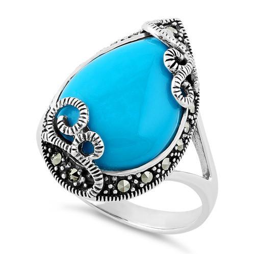 Sterling Silver Pear Shape Simulated Turquoise Marcasite Ring