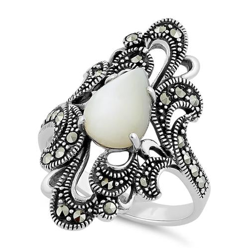 Sterling Silver Pear Shape Mother of Pearl Marcasite Ring