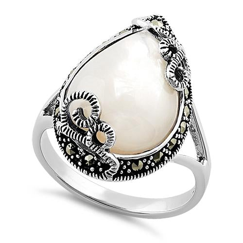 Sterling Silver Pear Shape Mother of Pearl Marcasite Ring