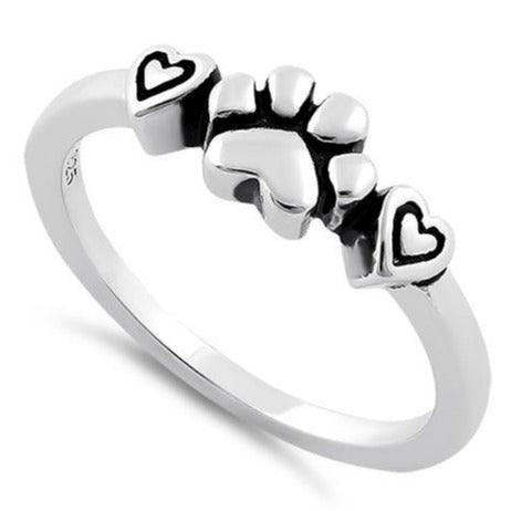 Sterling Silver Pet Love Paw & Hearts Ring