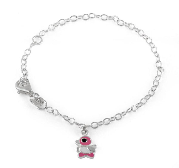Sterling Silver Pink and White Enamel Duck Bracelet (Child Size)
