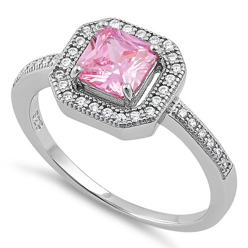 Sterling Silver Pink CZ Cushion Halo Ring