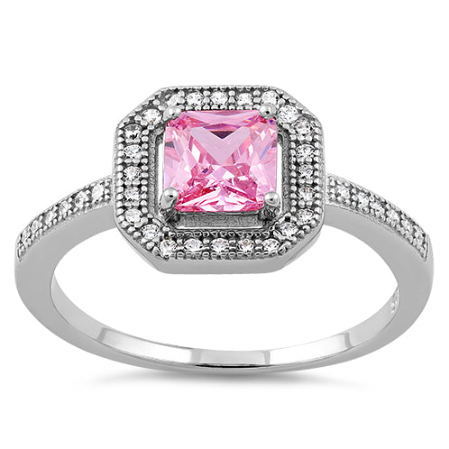 Sterling Silver Pink CZ Cushion Halo Ring