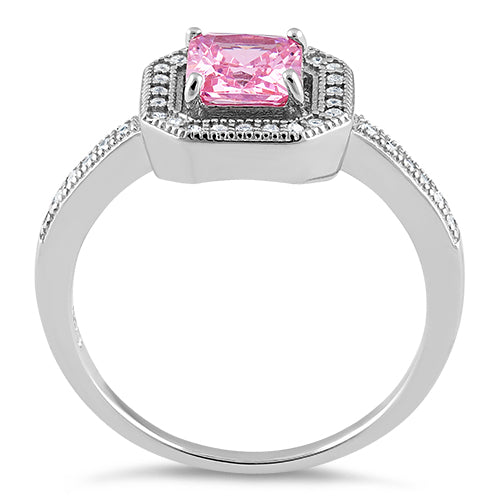 Sterling Silver Pink CZ Cushion Halo Ring