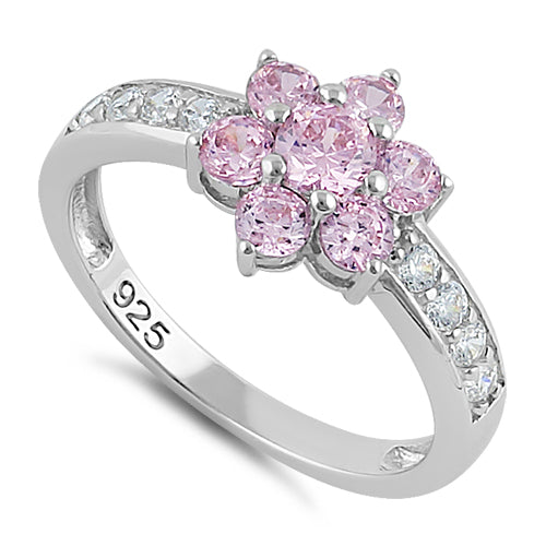 Sterling Silver Pink Plumeria Flower CZ Ring