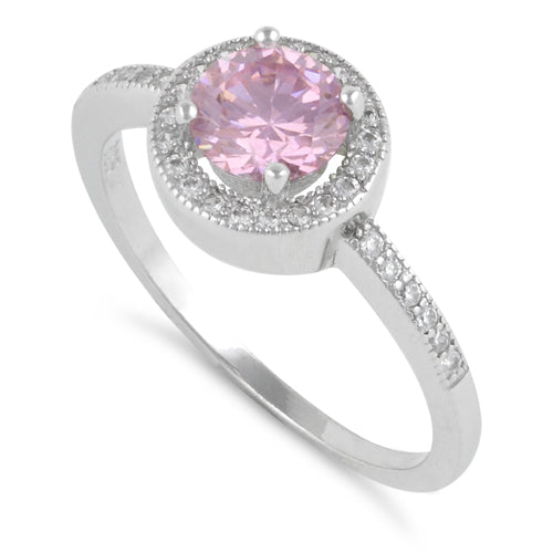 Sterling Silver Pink Round CZ Halo Ring