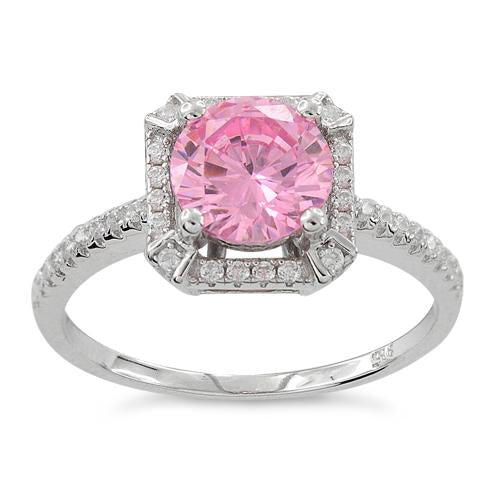 Sterling Silver Pink Round Halo Pave CZ Ring