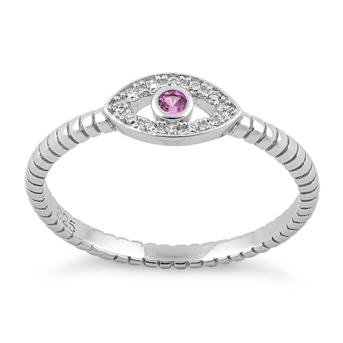 Sterling Silver Pink Stone Evil Eye CZ Ring