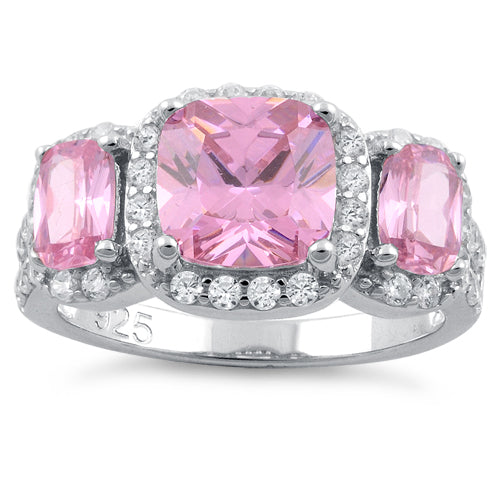 Sterling Silver Pink Three Stone Halo CZ Ring