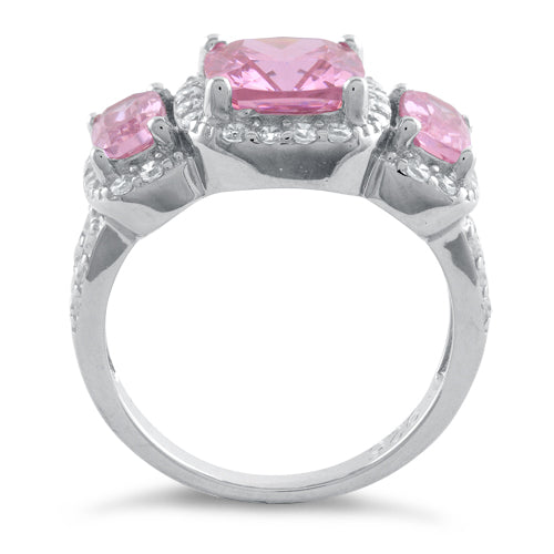 Sterling Silver Pink Three Stone Halo CZ Ring