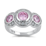 Sterling Silver Pink Three Stone Halo CZ Ring