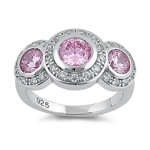 Sterling Silver Pink Three Stone Halo CZ Ring