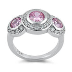 Sterling Silver Pink Three Stone Halo CZ Ring