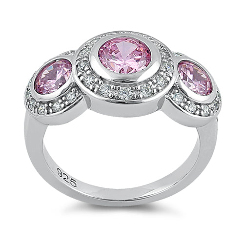 Sterling Silver Pink Three Stone Halo CZ Ring