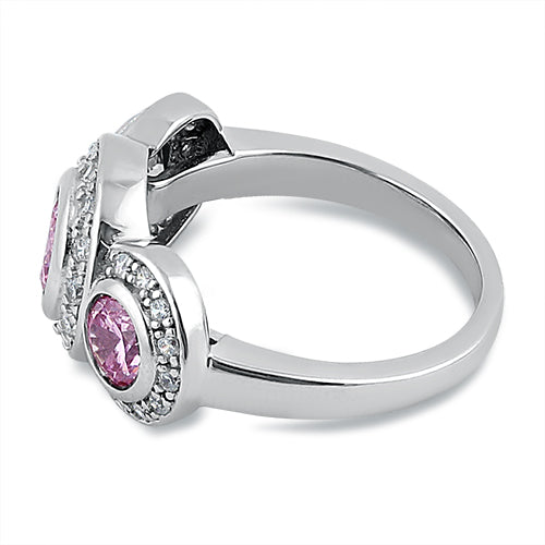 Sterling Silver Pink Three Stone Halo CZ Ring