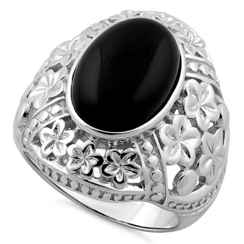 Sterling Silver Plumeria Black Agate Ring