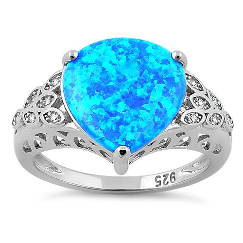 Sterling Silver Plump Pear Shape Blue Lab Opal Clear CZ  Ring