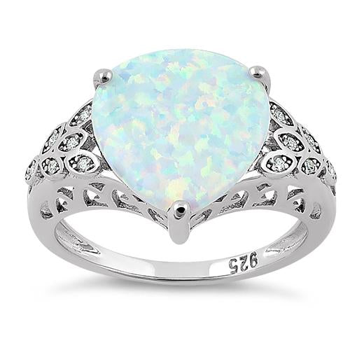 Sterling Silver Plump Pear Shape White Lab Opal Clear CZ  Ring