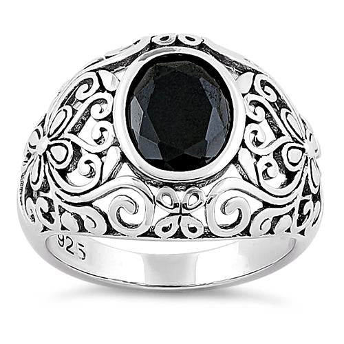 Sterling Silver Plush Oval Cut Black CZ Ring