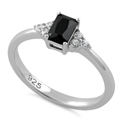 Sterling Silver Precious Emerald Cut Black CZ Ring