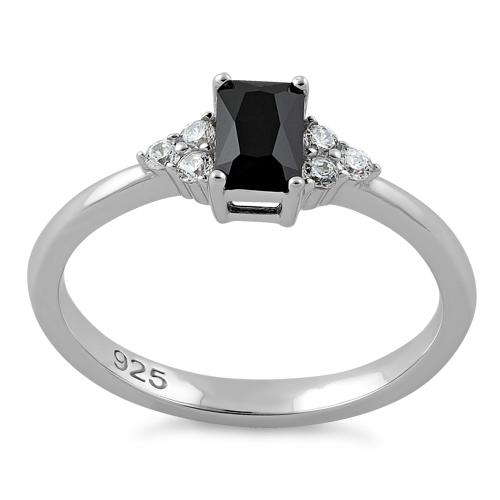 Sterling Silver Precious Emerald Cut Black CZ Ring