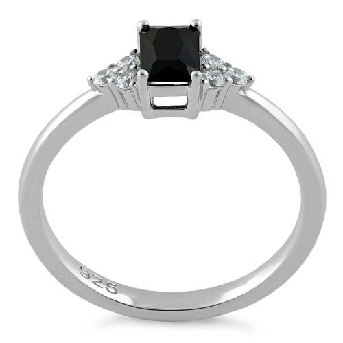 Sterling Silver Precious Emerald Cut Black CZ Ring
