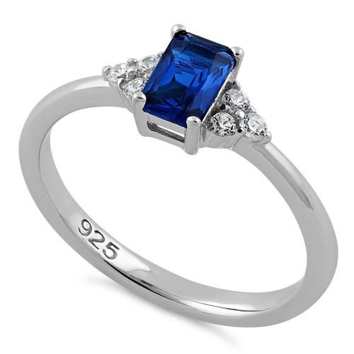 Sterling Silver Precious Emerald Cut Blue Spinel CZ Ring