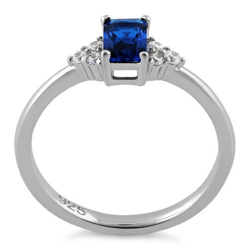Sterling Silver Precious Emerald Cut Blue Spinel CZ Ring