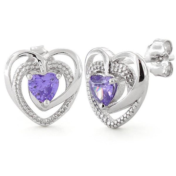 Sterling Silver Precious Heart Amethyst CZ Earrings