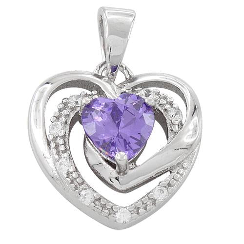 Sterling Silver Precious Heart Dark Violet CZ Pendant