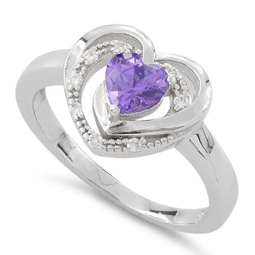 Sterling Silver Precious Heart Amethyst CZ Ring