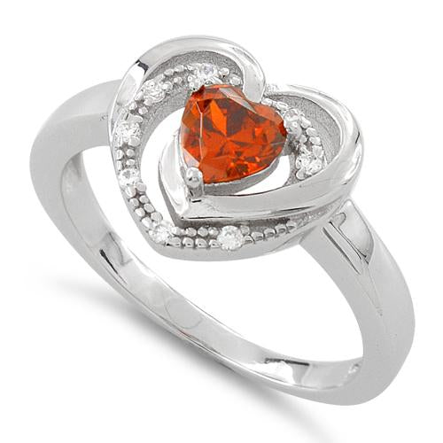 Sterling Silver Precious Heart Fire Orange CZ Ring