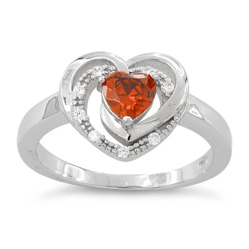 Sterling Silver Precious Heart Fire Orange CZ Ring