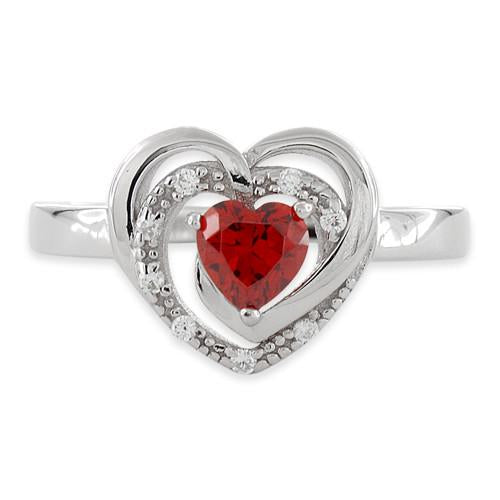 Sterling Silver Precious Heart Garnet CZ Ring