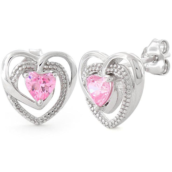 Sterling Silver Precious Heart Pink CZ Earrings
