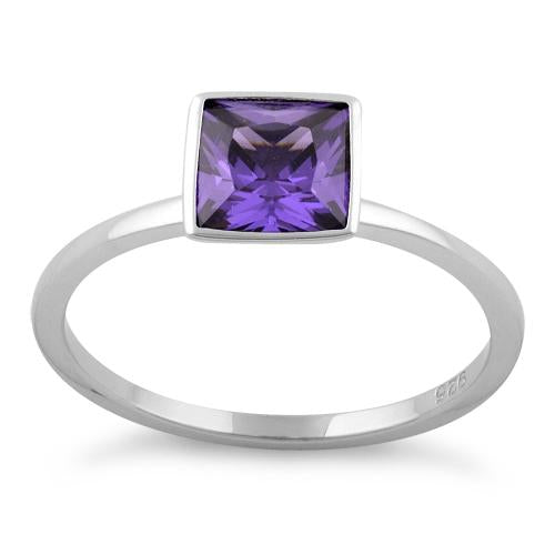 Sterling Silver Princess Cut Solitaire Amethyst CZ Ring