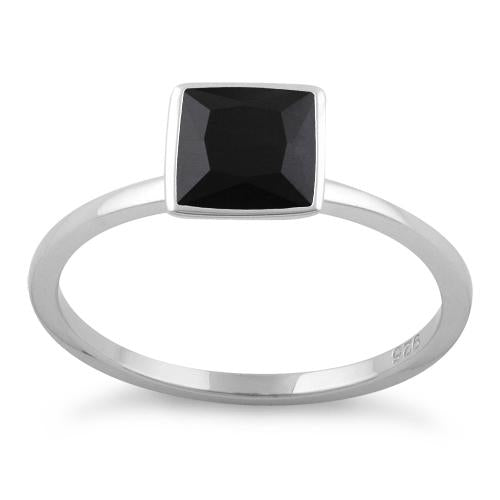 Sterling Silver Princess Cut Solitaire Black CZ Ring