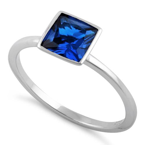 Sterling Silver Princess Cut Solitaire Blue Sapphire CZ Ring