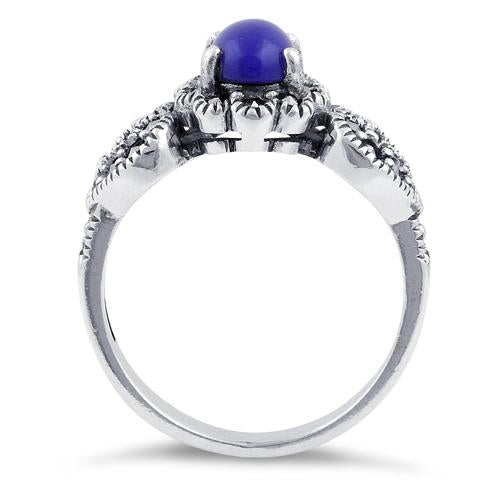 Sterling Silver Blue Lapis Flower Hearts Marcasite Ring