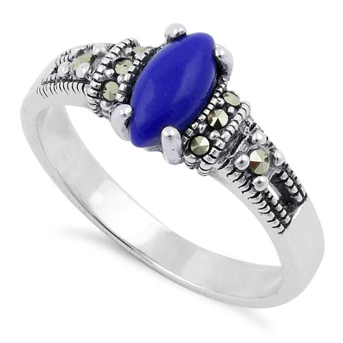 Sterling Silver Blue Lapis  Marquise Marcasite Ring