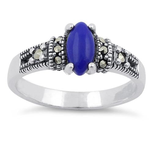 Sterling Silver Blue Lapis  Marquise Marcasite Ring