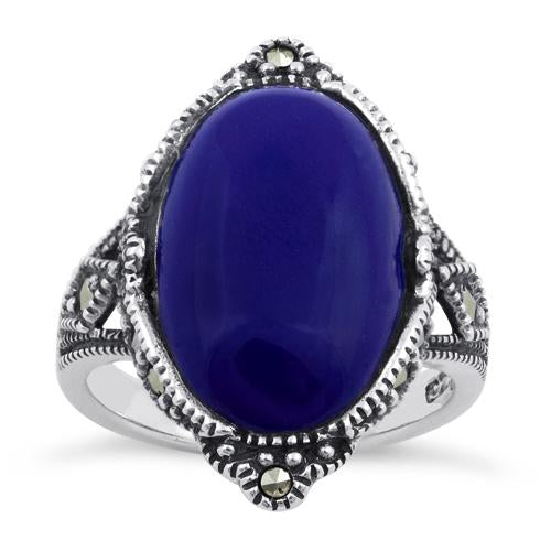 Sterling Silver Oval Blue Lapis Marcasite Ring