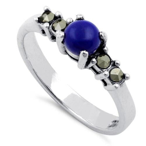 Sterling Silver Blue Lapis Round Marcasite Ring