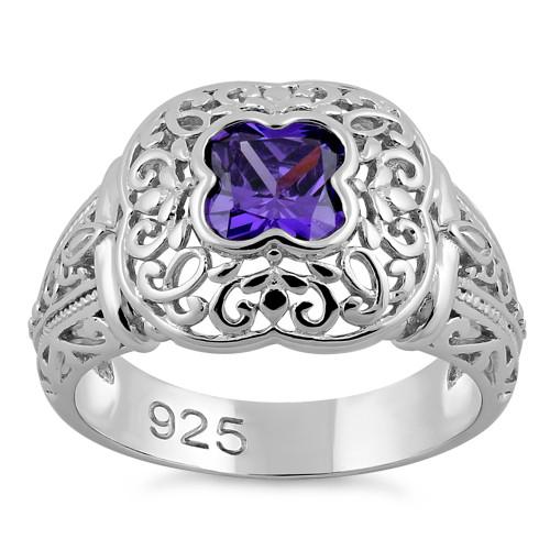 Sterling Silver Quatrefoil Amethyst CZ Ring