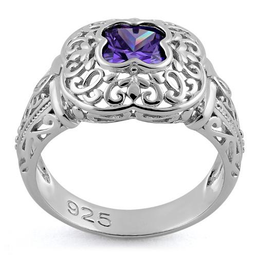 Sterling Silver Quatrefoil Amethyst CZ Ring