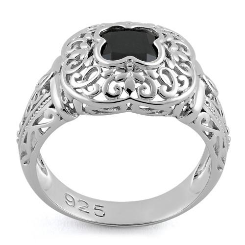 Sterling Silver Quatrefoil Black CZ Ring