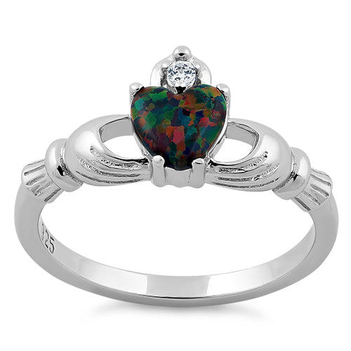 Sterling Silver Rainbow Lab Opal Claddagh CZ Ring