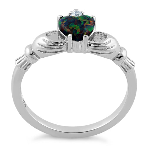 Sterling Silver Rainbow Lab Opal Claddagh CZ Ring